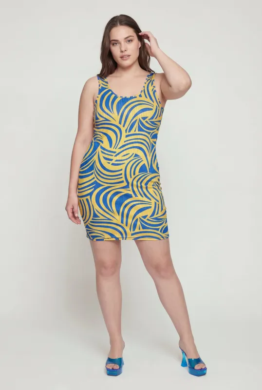 Plus Size Swirl Print Rib Knit Tank Mini Dress made by Rainbow