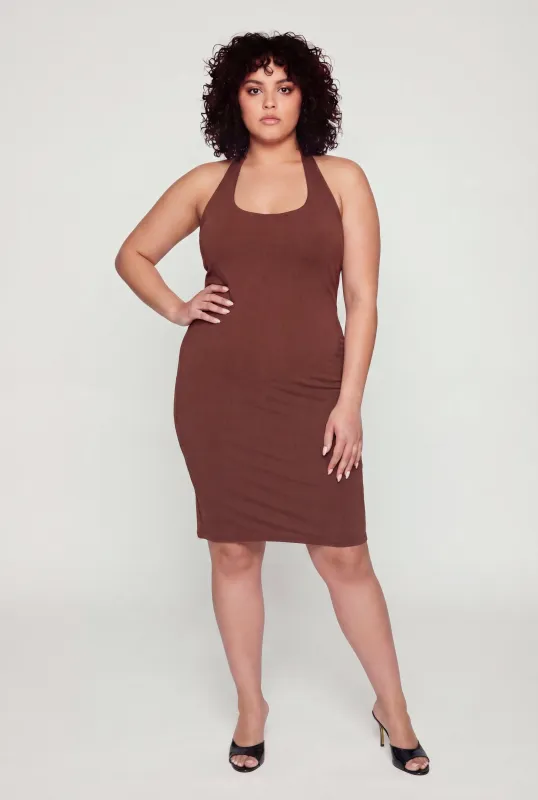 Plus Size Slit Back Midi Halter Dress made by Ambiance