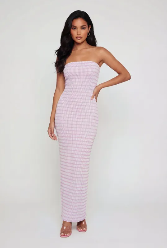 Striped Ribbed Knit Strapless Maxi Dress with Back Slit made by Rainbow