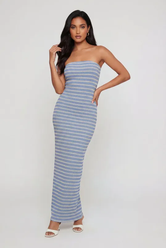Striped Ribbed Knit Strapless Maxi Dress with Back Slit made by Rainbow