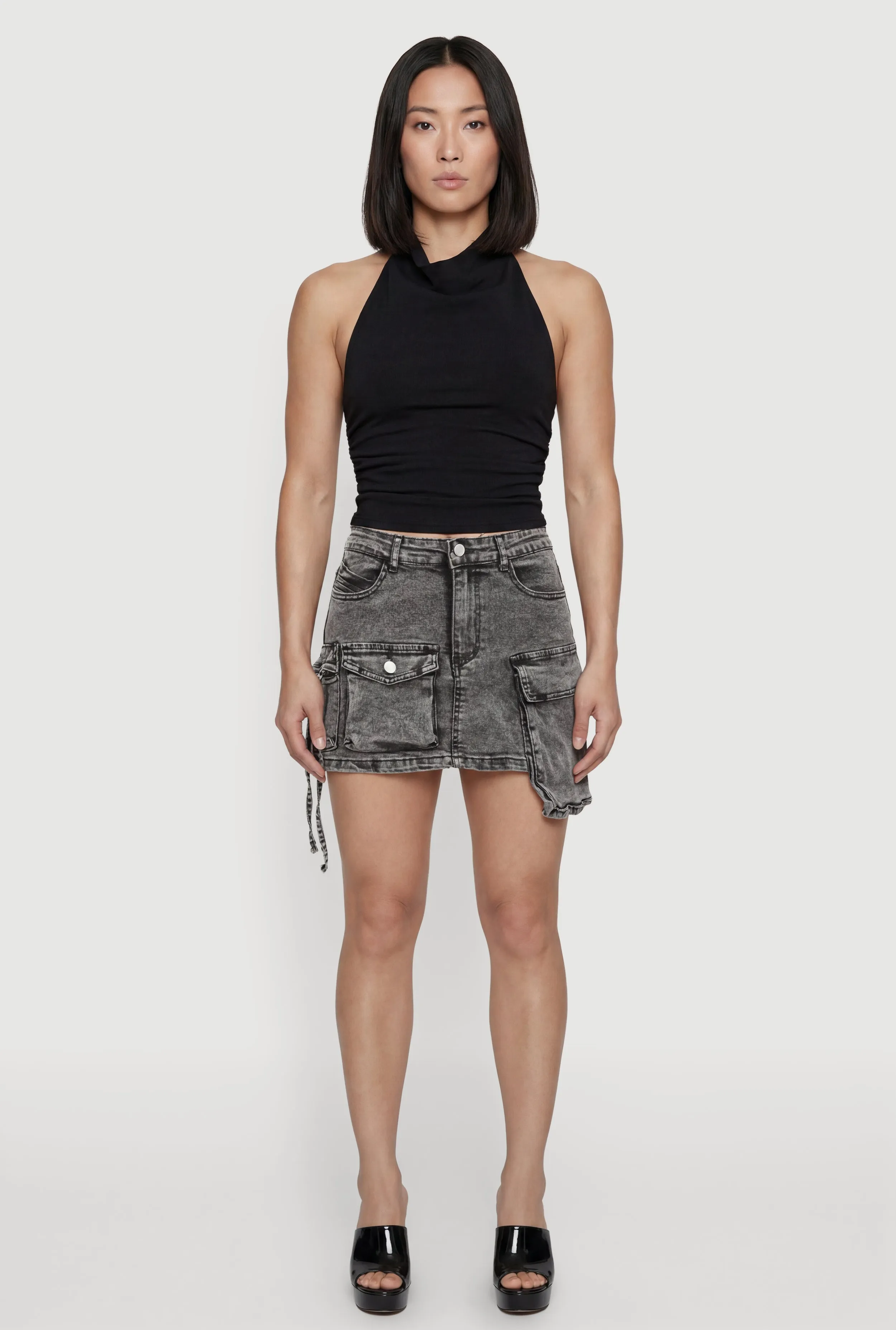 Acid Wash Denim Mini Utility Skirt sold by Rainbow
