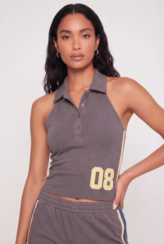 80 Graphic Side Stripe Polo Halter Top made by Rainbow