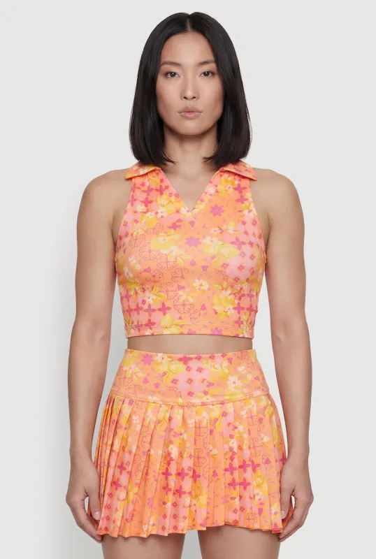 Patterned Sleeveless Collared Crop Top made by Rainbow