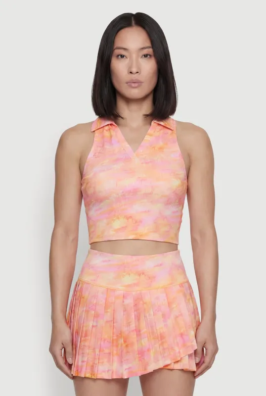 Patterned Sleeveless Collared Crop Top made by Rainbow