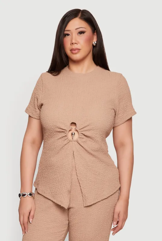 Plus Size Metallic O Ring Keyhole Detail Blouse made by Rainbow