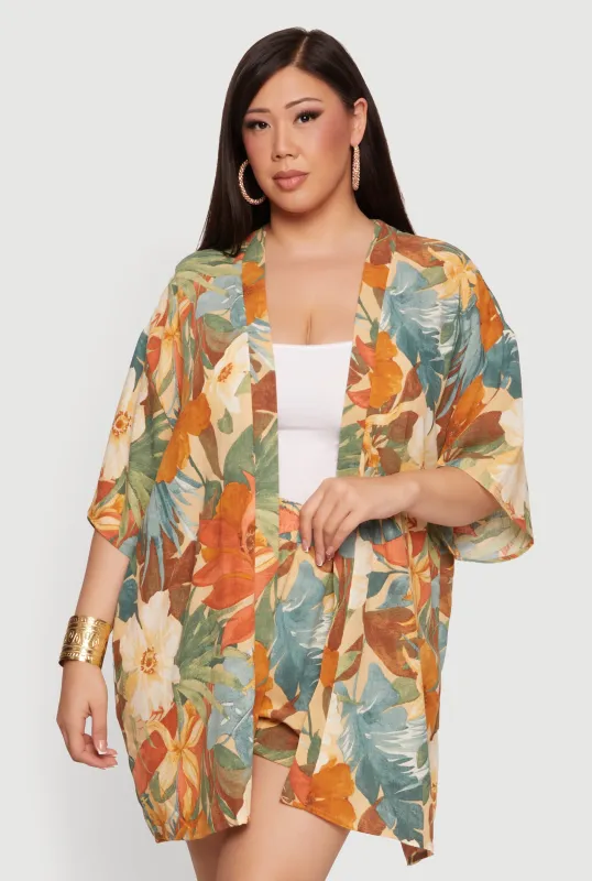 Plus Size Floral Print Drop Shoulder Kimono made by Rainbow