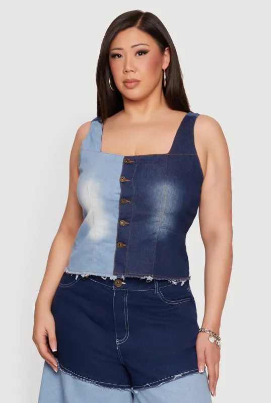 Plus Size Color Blocked Button Front Denim Top made by Rainbow