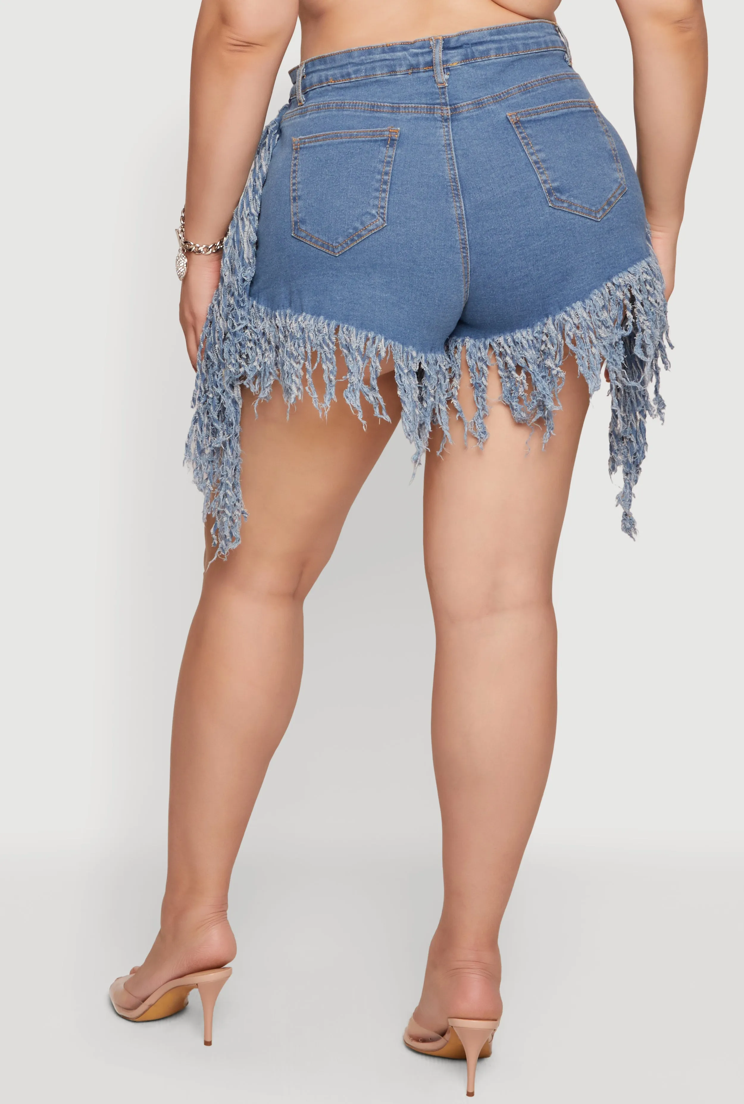 Plus Size Fringe Hem High Waisted Denim Shorts sold by Rainbow product image thumbnail 5