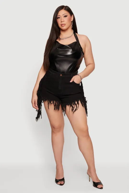 Plus Size Fringe Hem High Waisted Denim Shorts made by Daisy