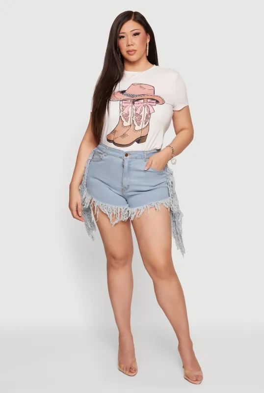 Plus Size Fringe Hem High Waisted Denim Shorts made by Daisy