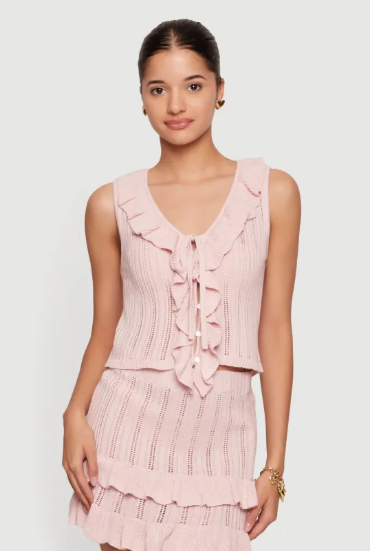 Ruffle Trim Button Front Tie Detail Crochet Vest made by Almost Famous