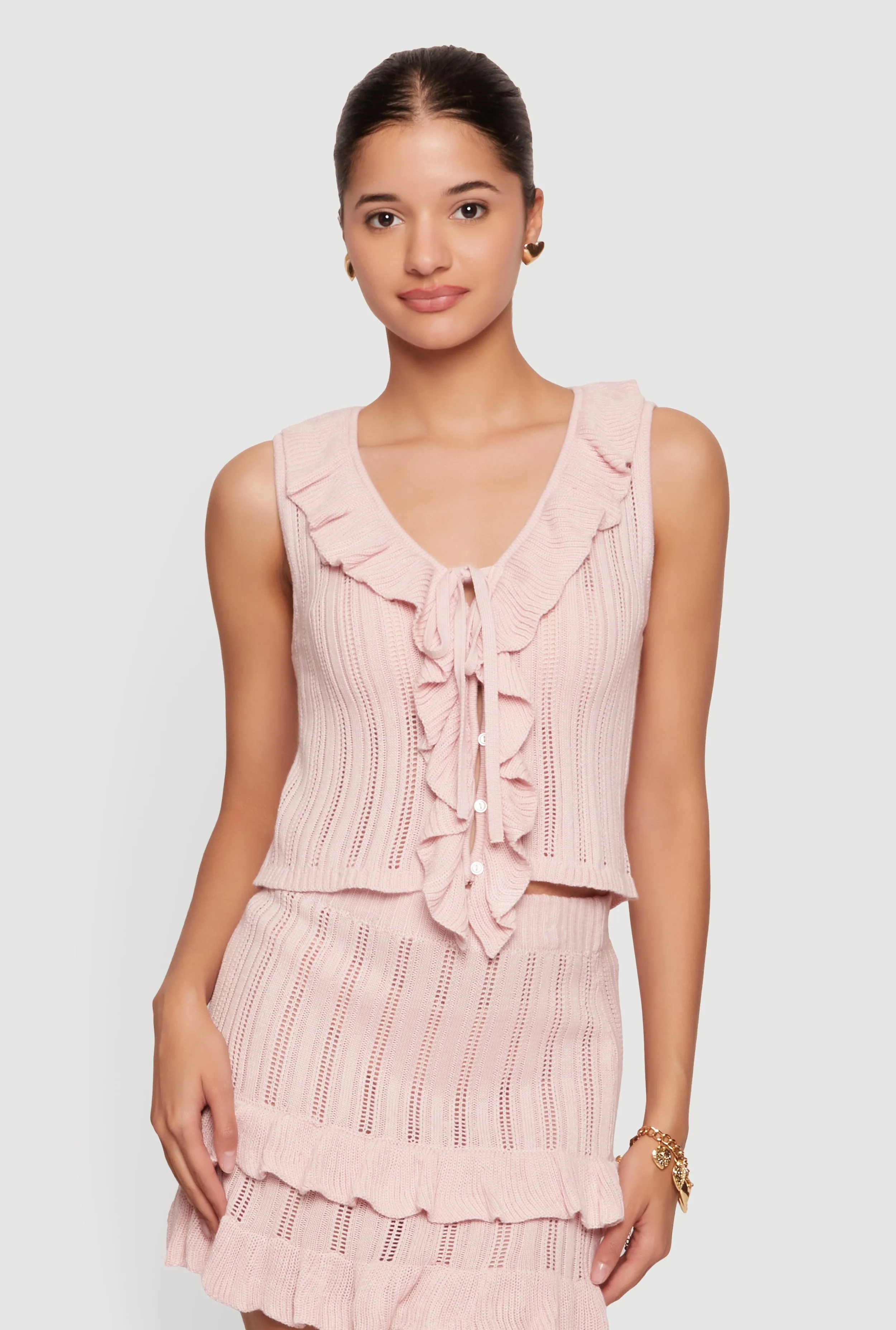 Ruffle Trim Button Front Tie Detail Crochet Vest sold by Rainbow