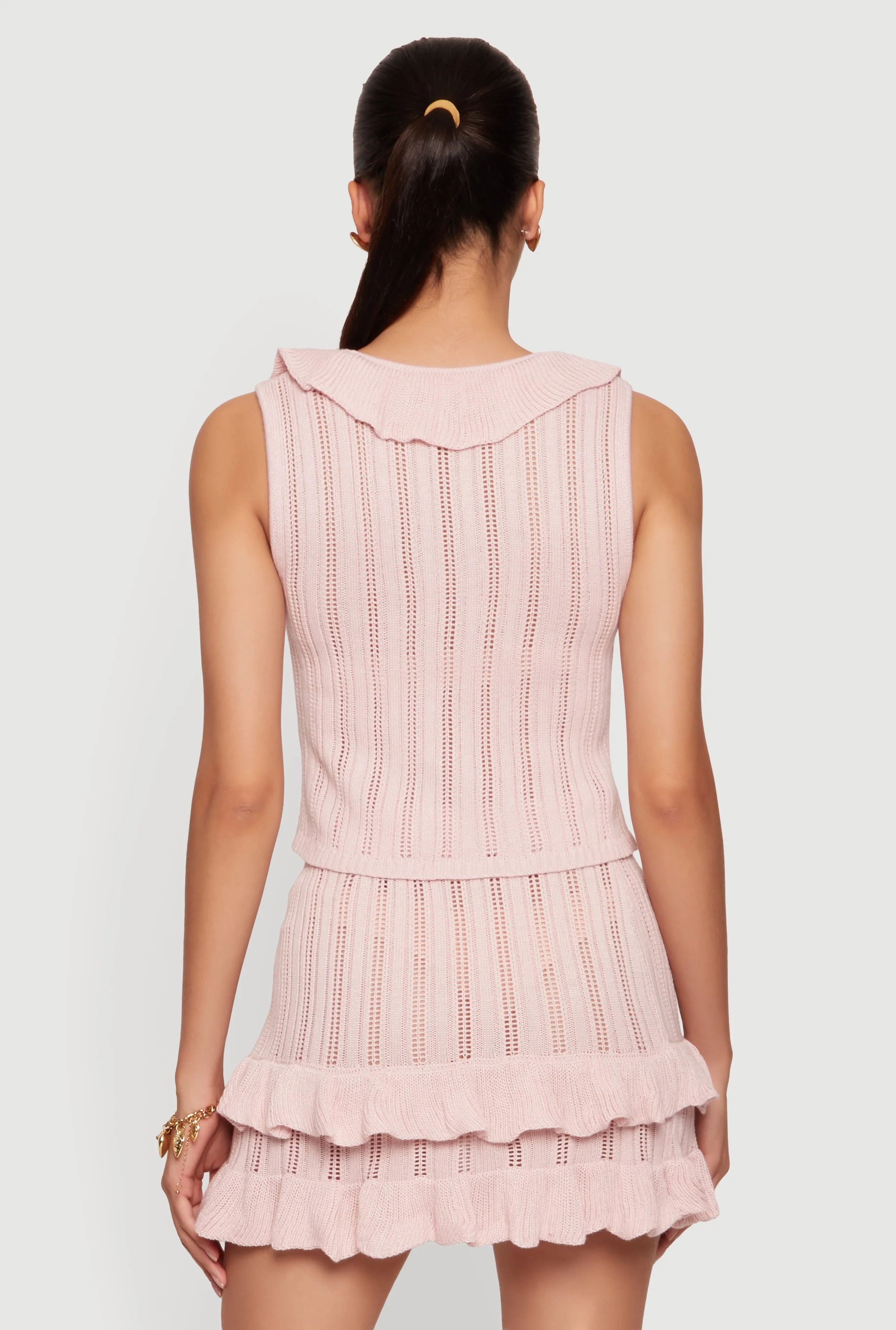 Ruffle Trim Button Front Tie Detail Crochet Vest sold by Rainbow product image thumbnail 5