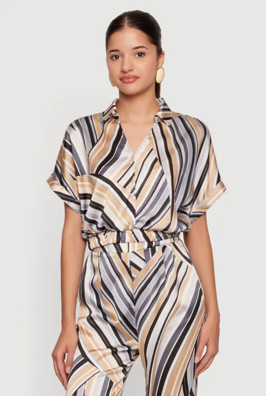 Striped Satin Cropped Faux Wrap Blouse made by Rainbow