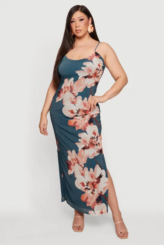 Plus Size Floral Print Side Slit Maxi Dress made by Rainbow