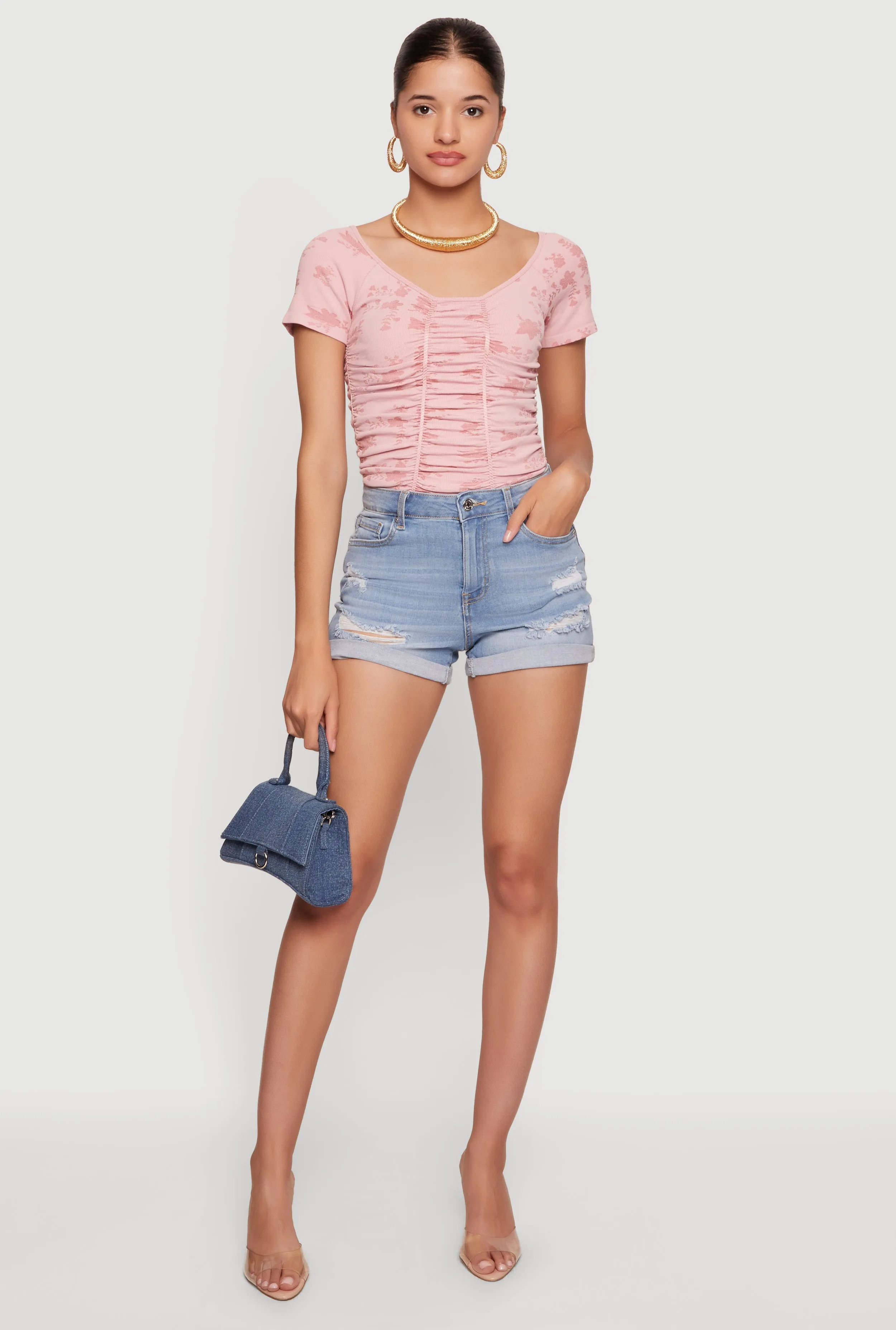 WAX High Waisted Distressed Denim Shorts sold by Rainbow