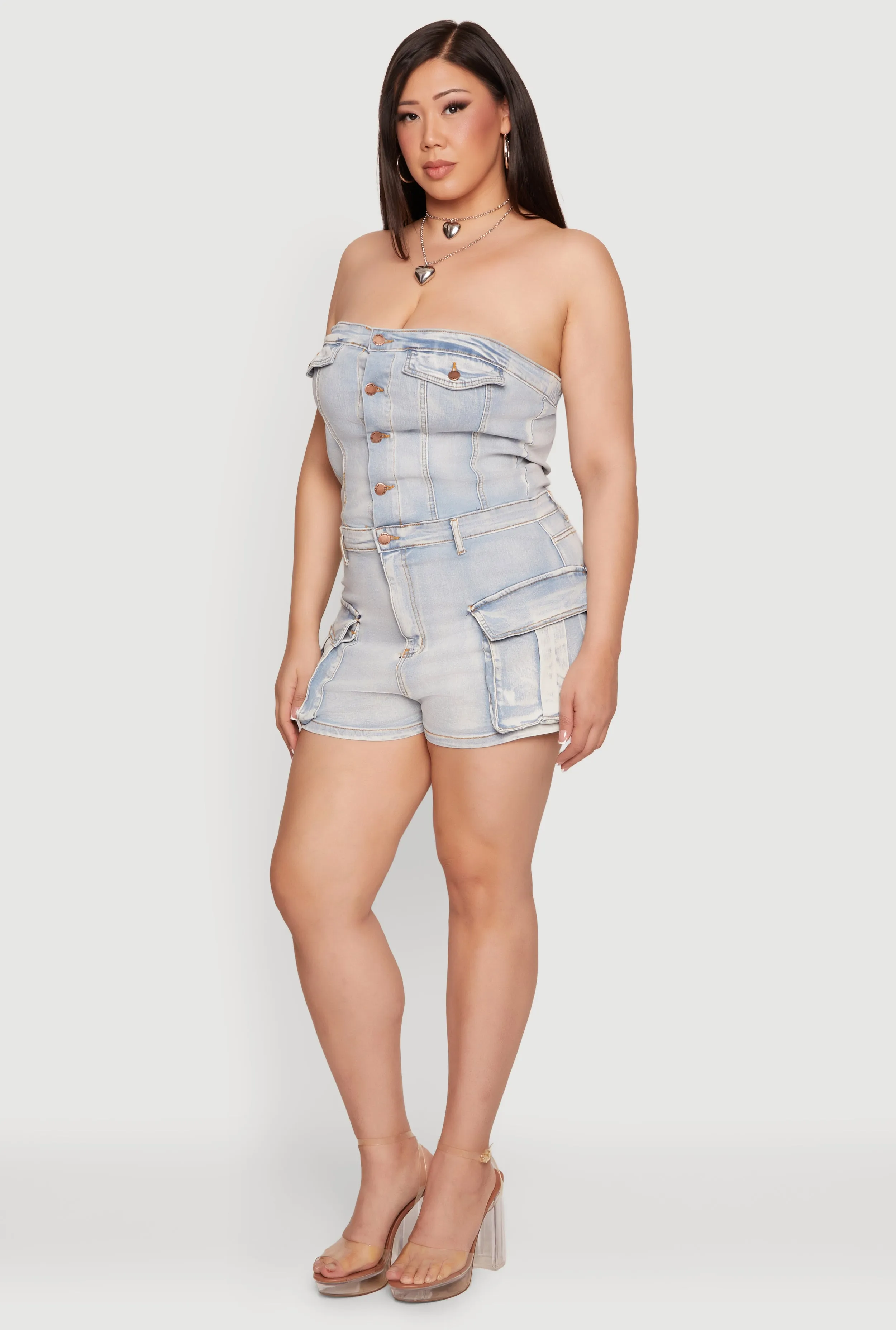 Plus Size Acid Wash Cargo Pocket Denim Romper sold by Rainbow product image thumbnail 2
