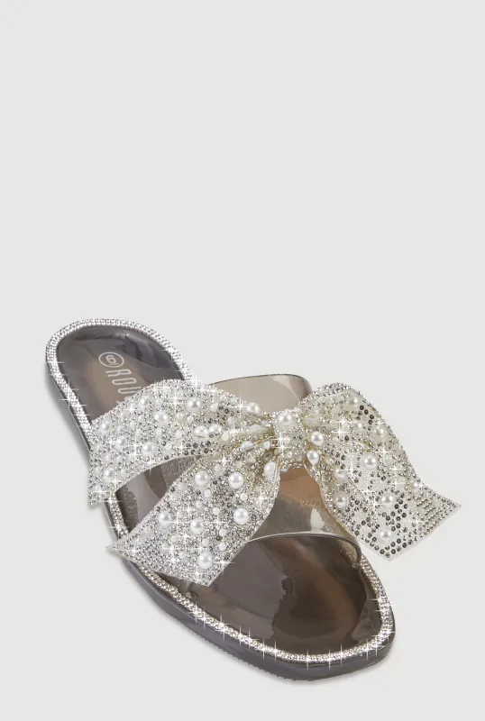 Rhinestone Faux Pearl Bow Band Jelly Slide Sandals made by Rainbow