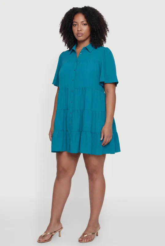 Plus Size Crepe Knit Button Front Tiered Dress made by Rainbow
