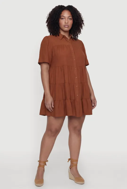 Plus Size Crepe Knit Button Front Tiered Dress made by Rainbow