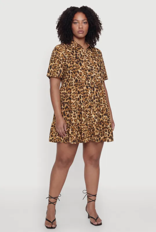 Leopard Print Short Sleeve Tiered Shirt Dress made by Rainbow