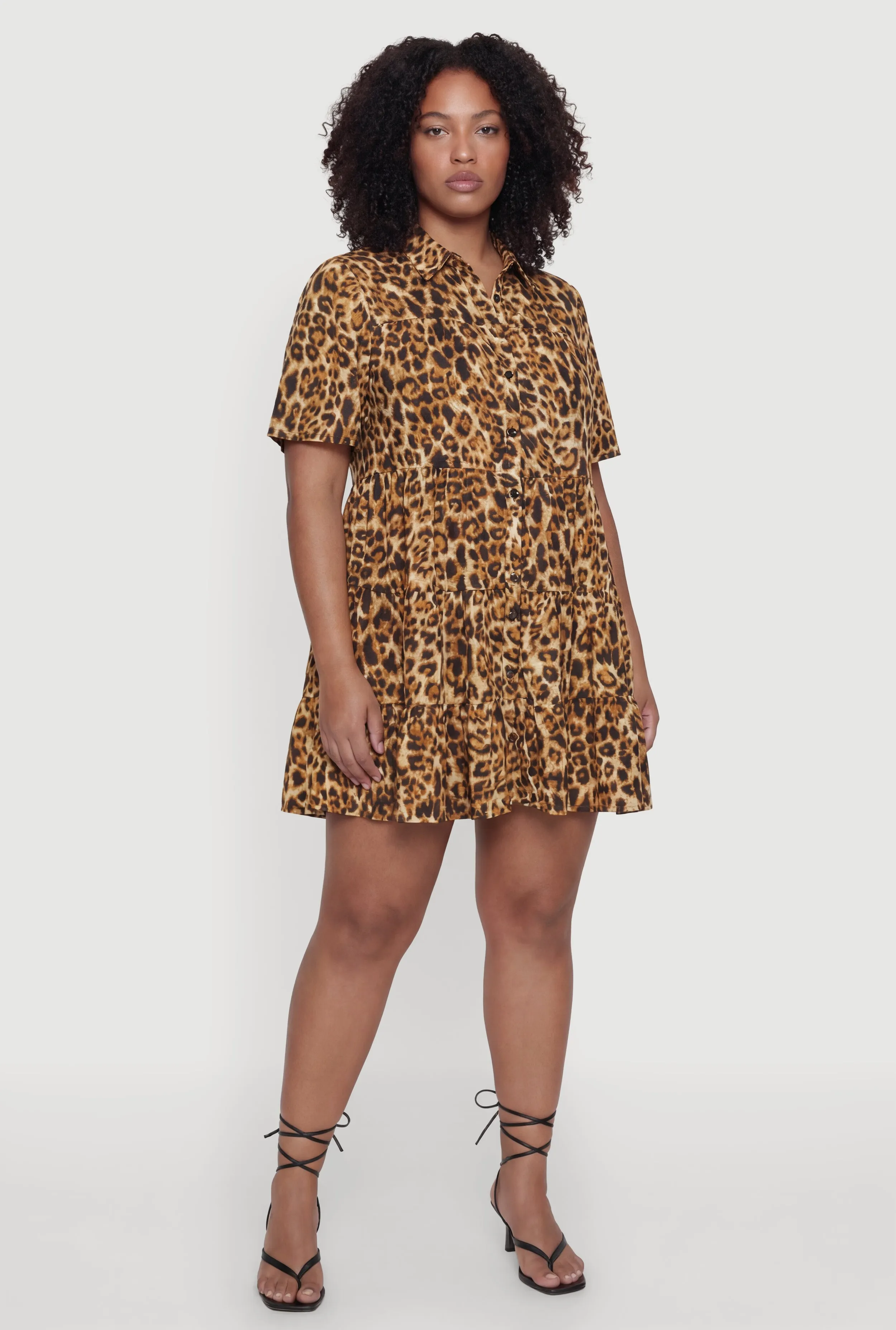 Leopard Print Short Sleeve Tiered Shirt Dress sold by Rainbow
