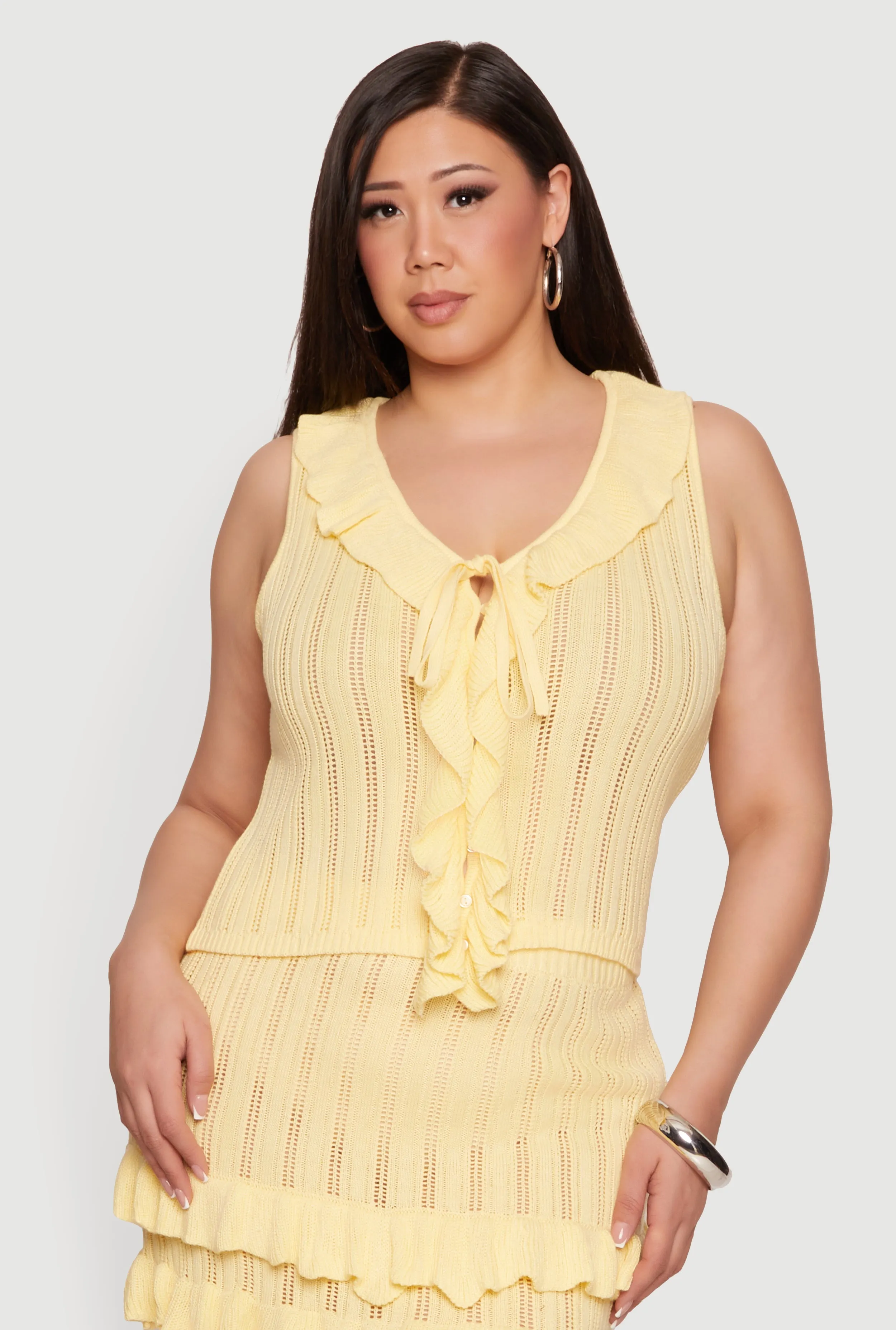 Plus Size Ruffle Trim Tie Detail Crochet Vest sold by Rainbow