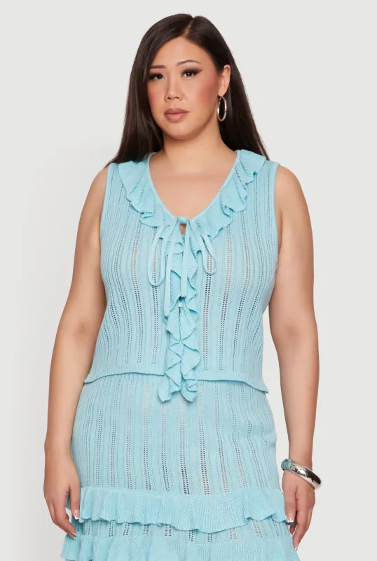 Plus Size Ruffle Trim Tie Detail Crochet Vest made by Almost Famous