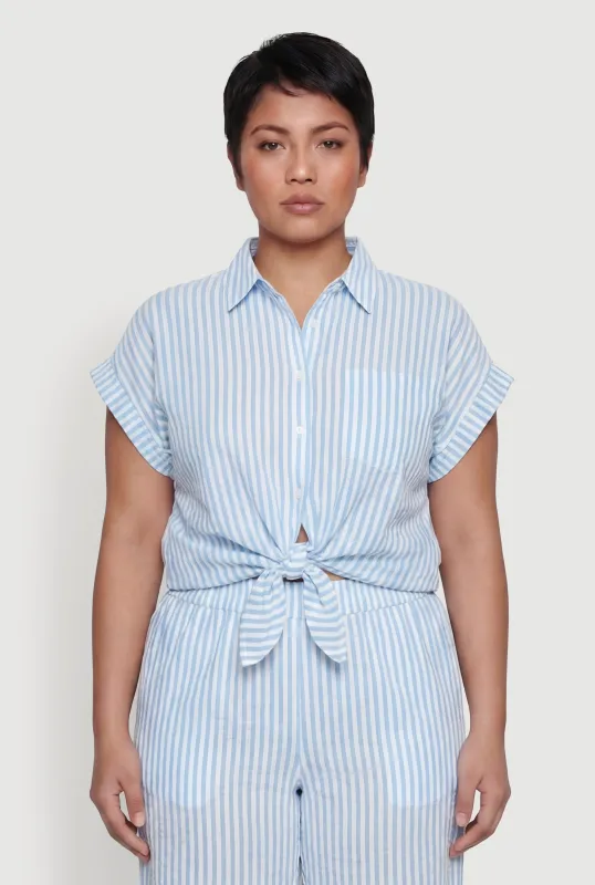 Plus Size Striped Crepe Knit Tie Front Shirt made by Rainbow