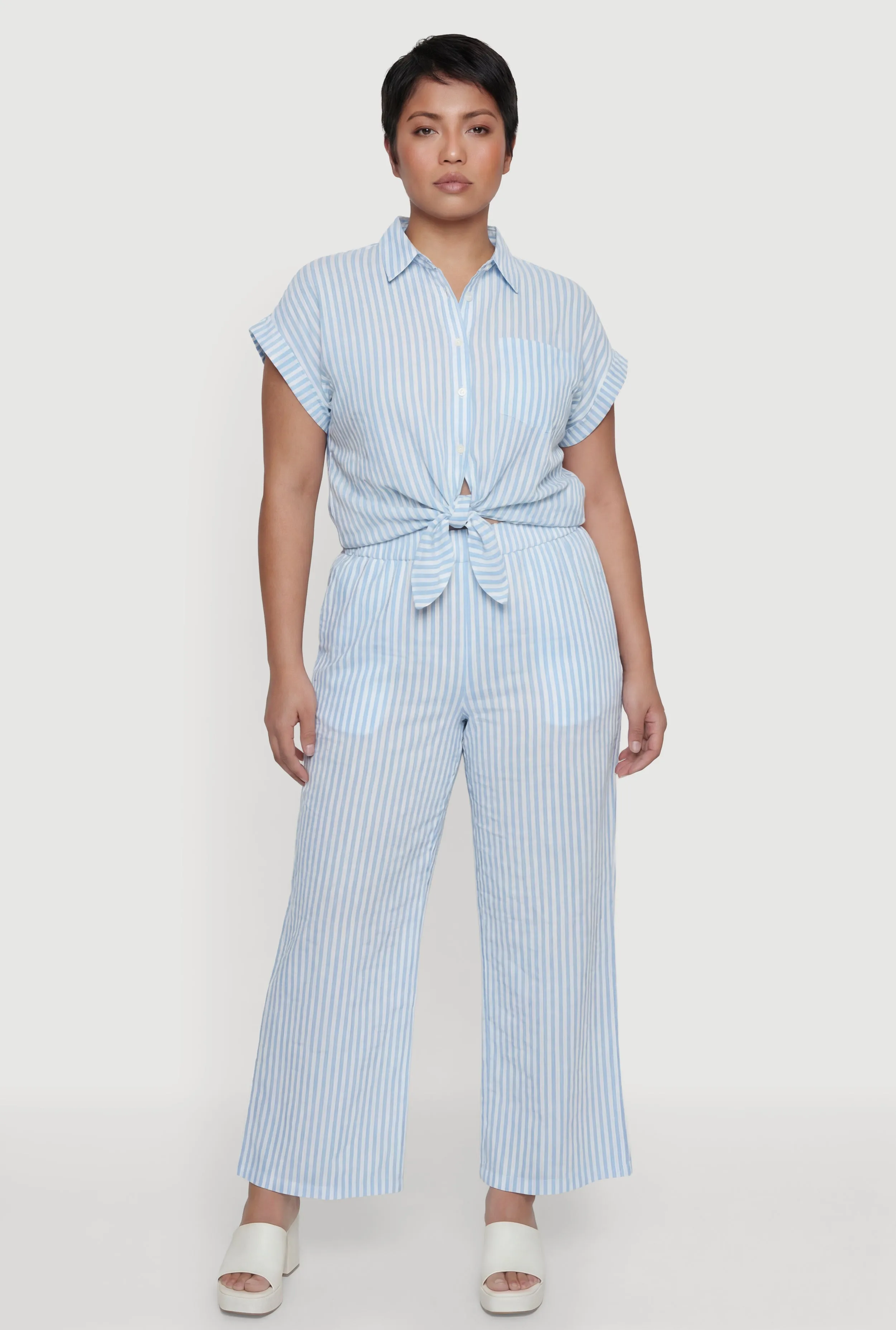 Plus Size Striped Crepe Knit Tie Front Shirt sold by Rainbow product image thumbnail 2