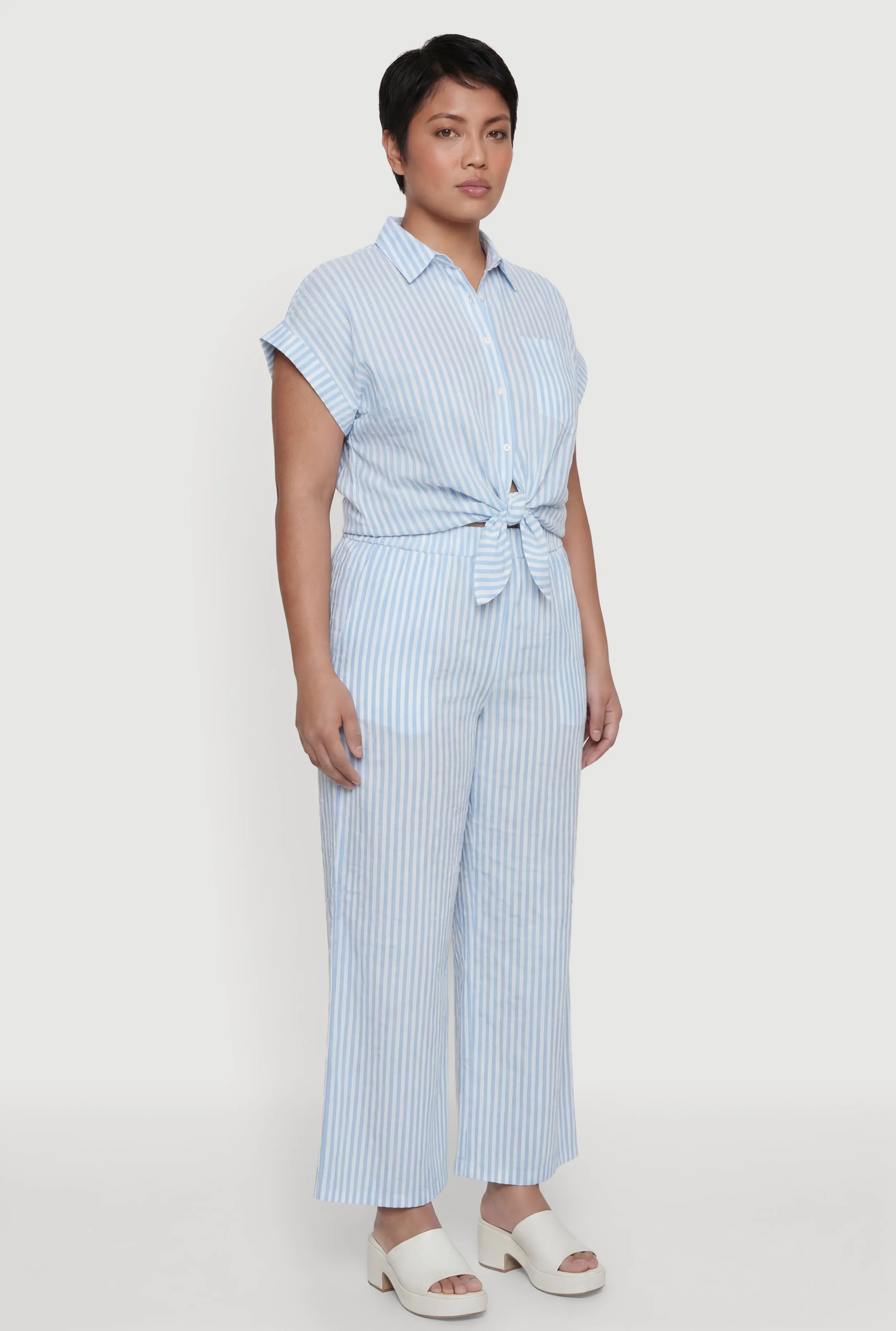 Plus Size Striped Crepe Knit Tie Front Shirt sold by Rainbow product image thumbnail 3