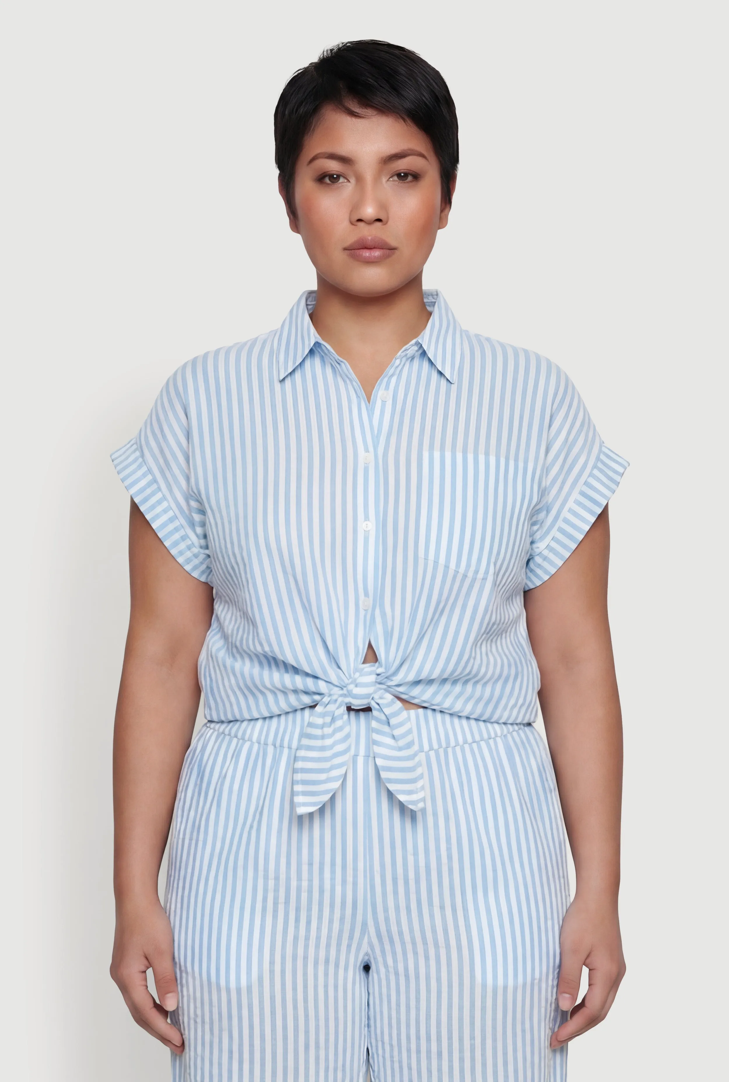 Plus Size Striped Crepe Knit Tie Front Shirt sold by Rainbow