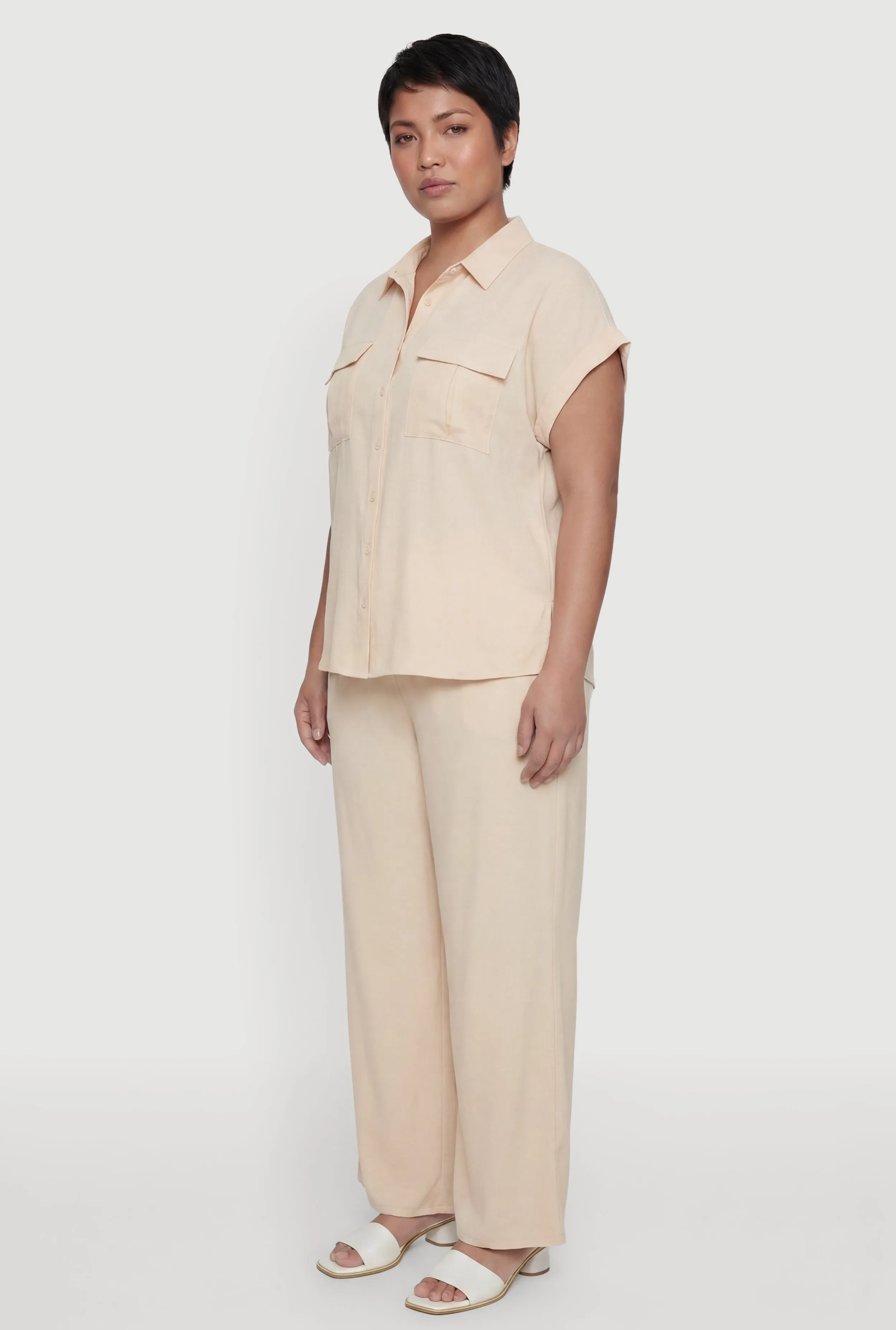 Plus Size Crepe Knit Button Front Pocket Detail Shirt sold by Rainbow product image thumbnail 3