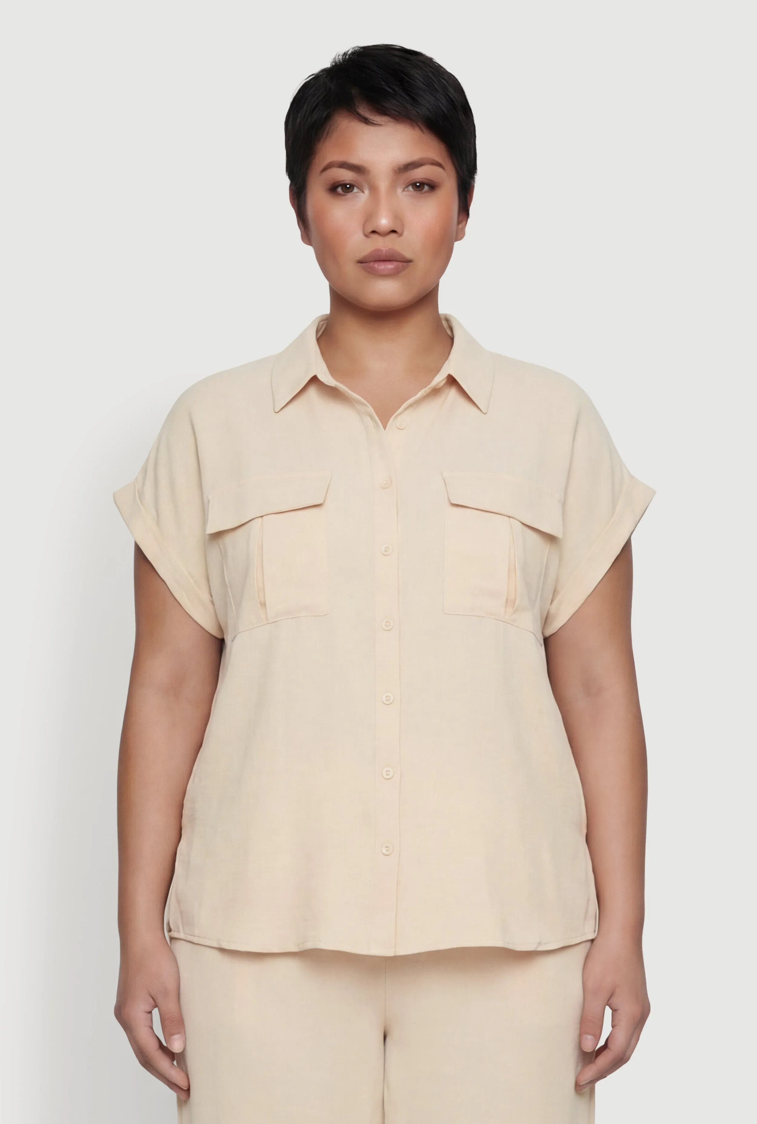 Plus Size Crepe Knit Button Front Pocket Detail Shirt sold by Rainbow