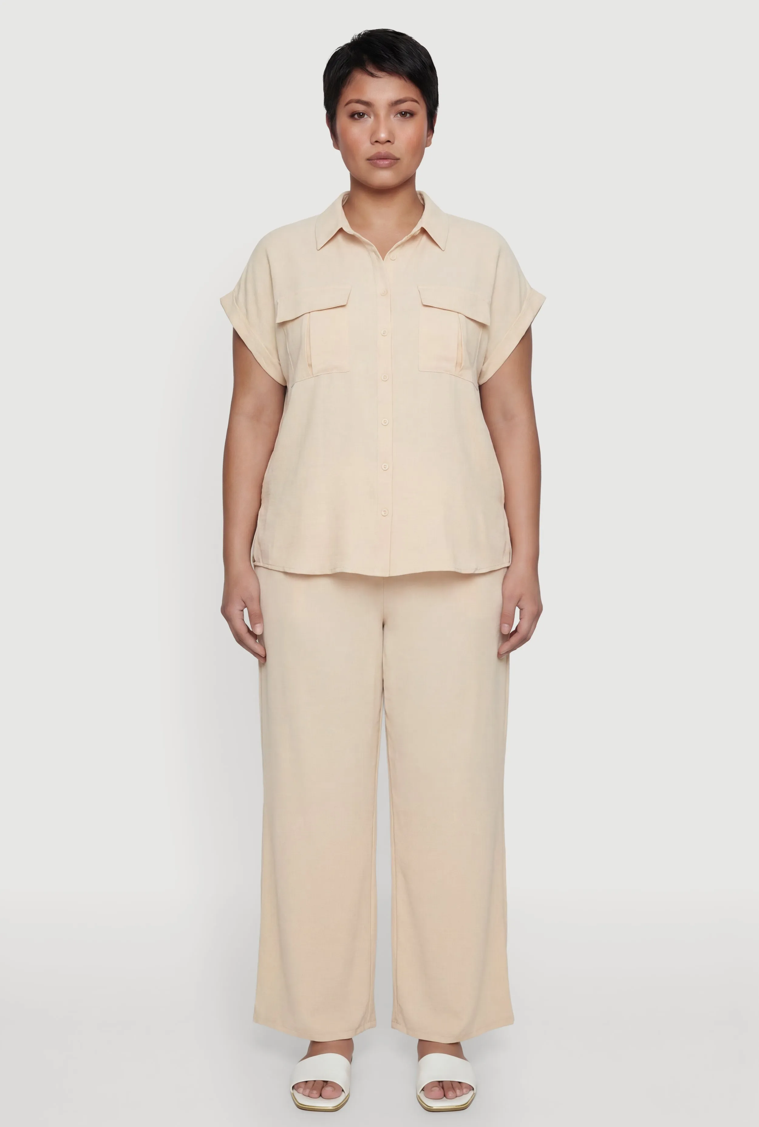 Plus Size Crepe Knit Button Front Pocket Detail Shirt sold by Rainbow product image thumbnail 2