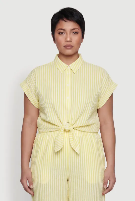 Plus Size Striped Crepe Knit Tie Front Shirt made by Rainbow