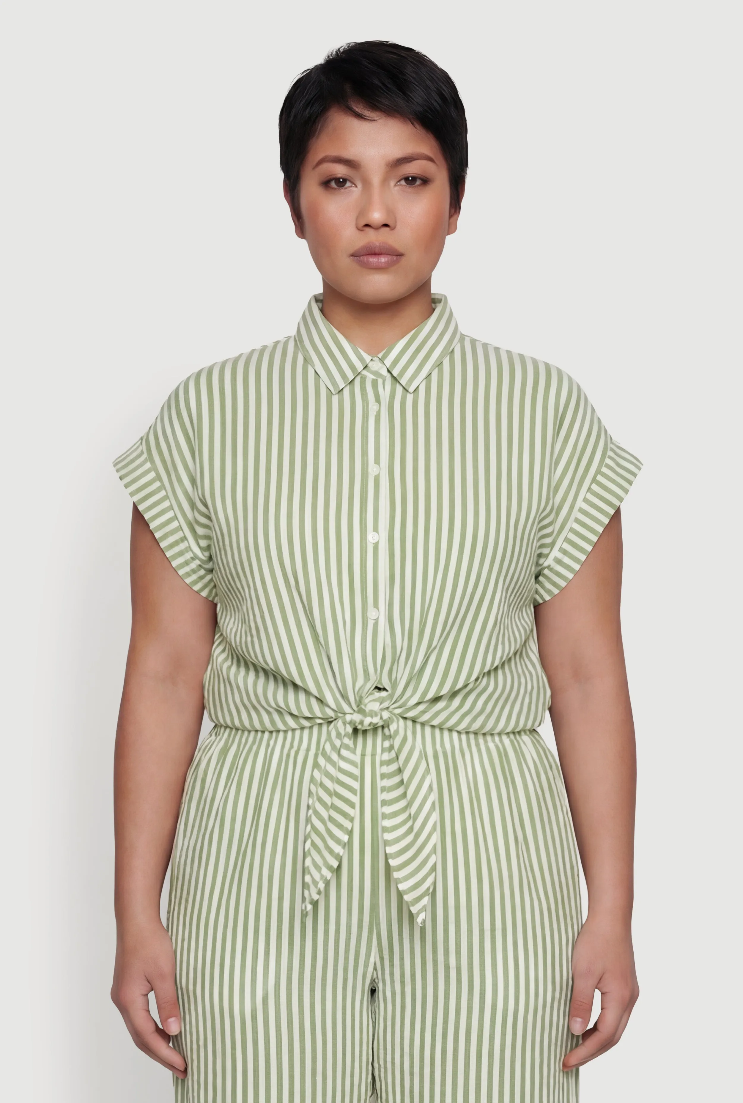 Plus Size Striped Crepe Knit Tie Front Shirt sold by Rainbow