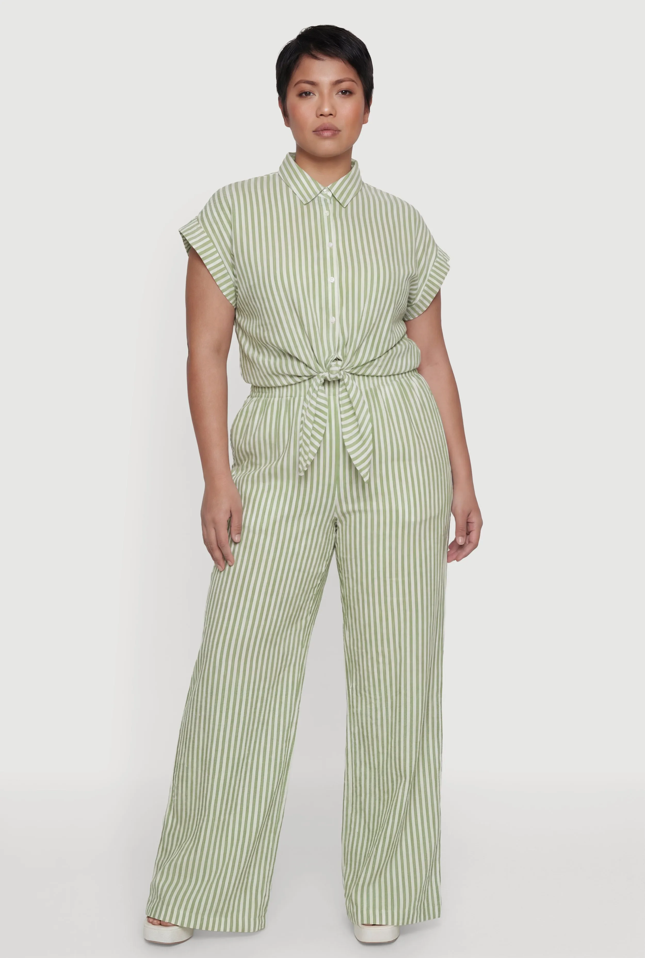 Plus Size Striped Crepe Knit Tie Front Shirt sold by Rainbow product image thumbnail 2