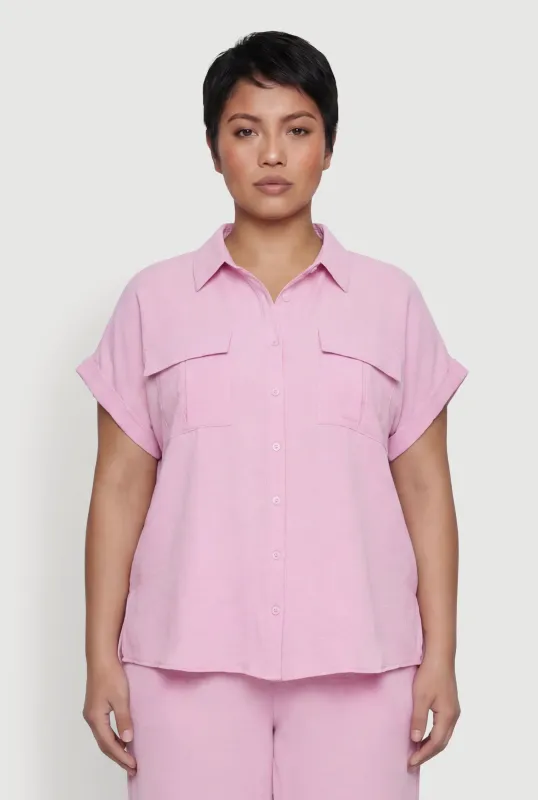 Plus Size Crepe Knit Button Front Pocket Detail Shirt made by Rainbow