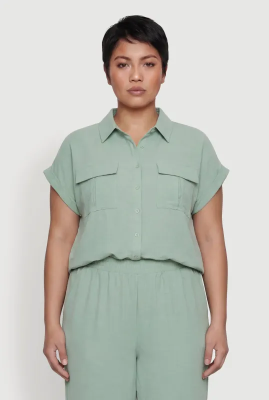 Plus Size Crepe Knit Button Front Pocket Detail Shirt made by Rainbow