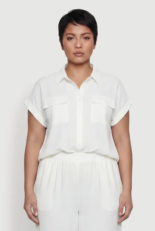 Plus Size Crepe Knit Button Front Pocket Detail Shirt made by Rainbow