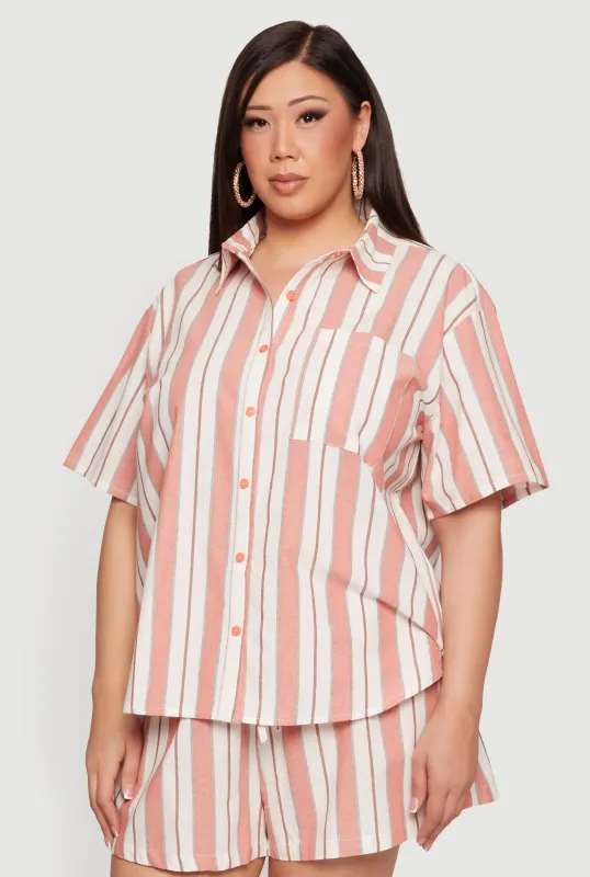 Plus Size Striped Short Sleeve Button Front Shirt made by Rainbow
