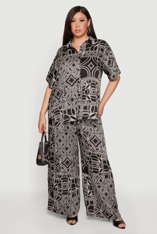 Plus Size Geometric Print Wide Leg Pull On Pants made by Rainbow