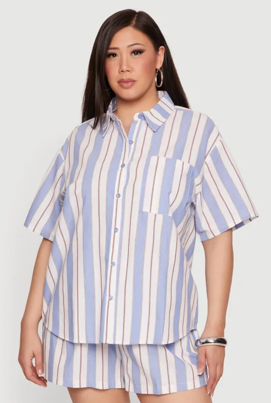 Plus Size Striped Short Sleeve Button Front Shirt made by Rainbow