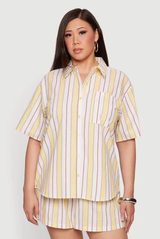 Plus Size Striped Short Sleeve Button Front Shirt made by Rainbow