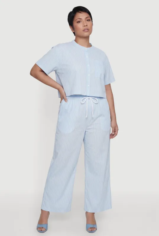 Plus Size Striped Poplin Drawstring Waist Pants made by Rainbow