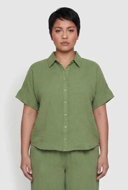 Plus Size Swiss Dot Short Sleeve Button Front Shirt made by Rainbow