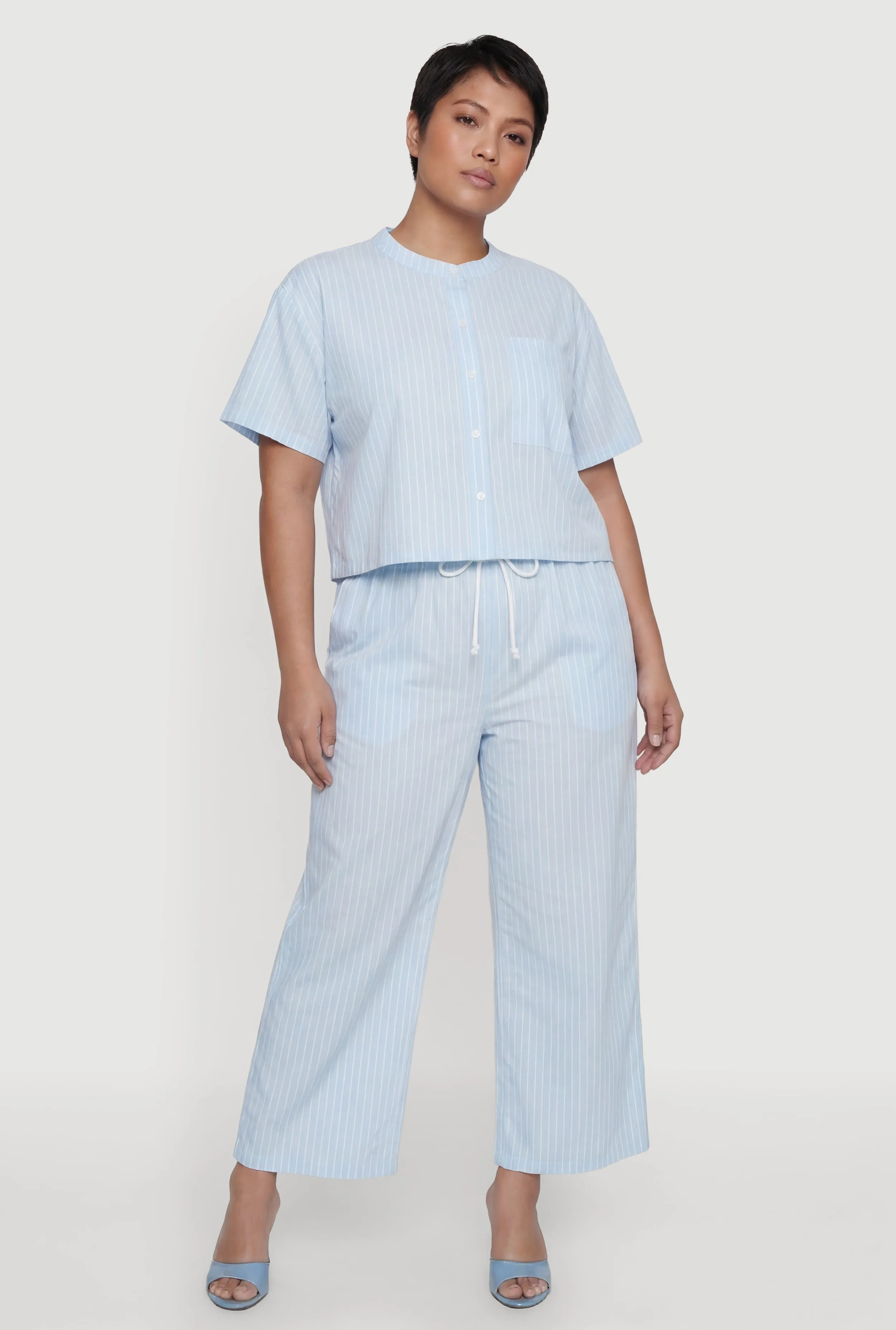 Plus Size Striped Poplin Button Front Short Sleeve Shirt sold by Rainbow product image thumbnail 2