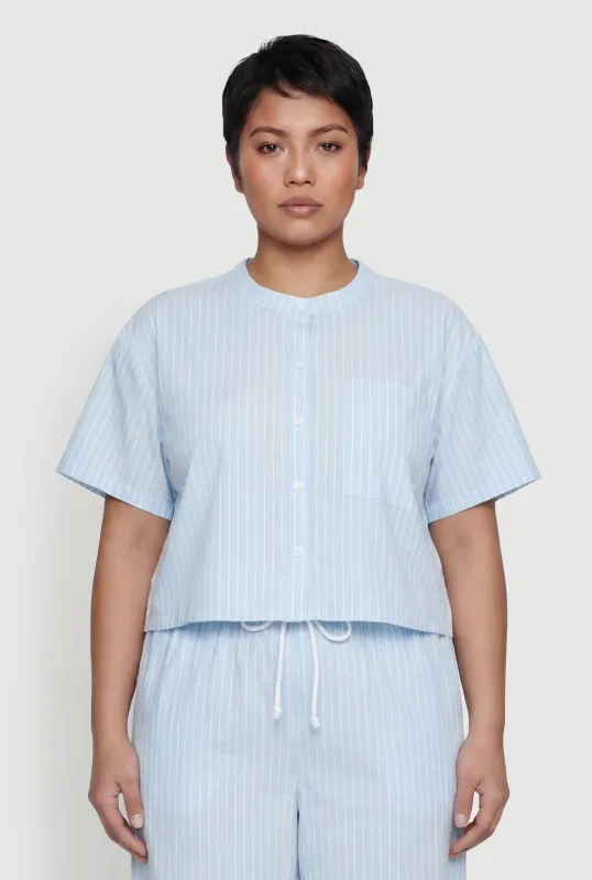 Plus Size Striped Poplin Button Front Short Sleeve Shirt made by Rainbow