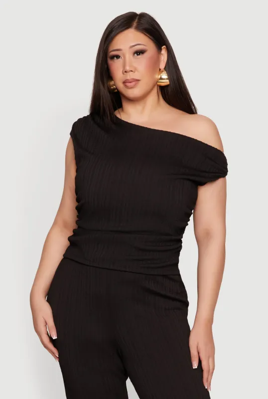 Plus Size Side Ruched One Shoulder Rib Knit Blouse made by Rainbow